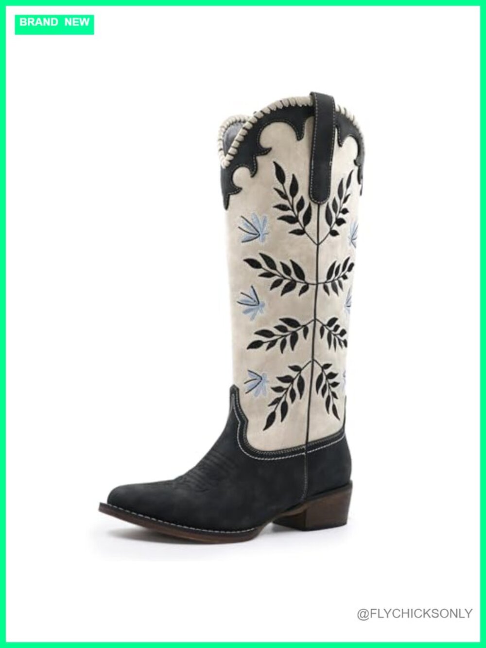 Women's Leaf Embroidered Knee High Pull On Cowboy Boots Chunky Heel